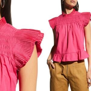Love the Label Poppy Bright Pink Top Smocked Flutter Sleeve Ruffle Mock Neck
